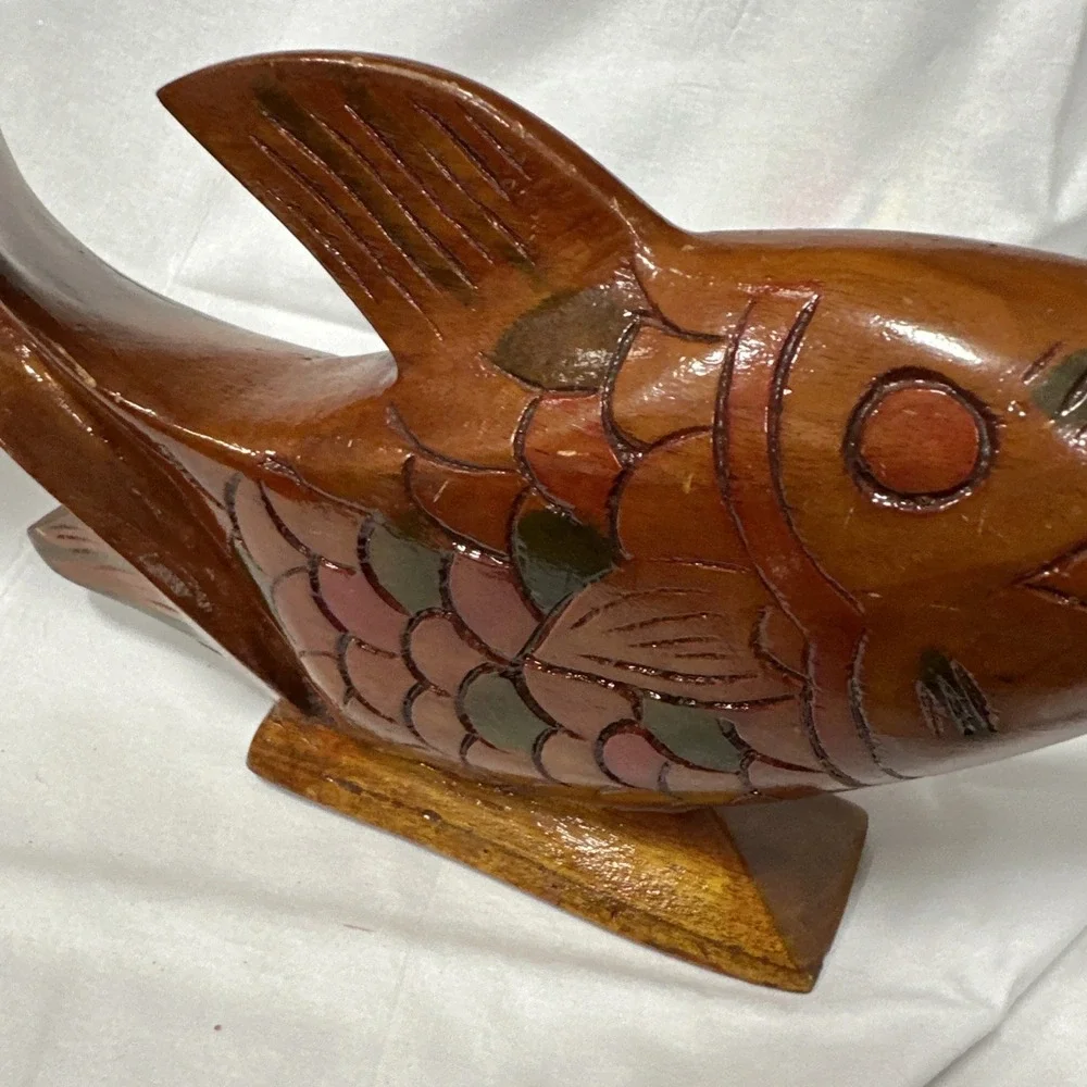 Hand‎ Carved Wooden Fish from Haiti Detailed Tri-Tone Color Wood Decor